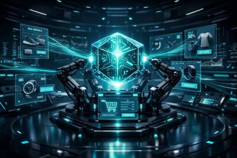 Futuristic command center with a geometric AI core surrounded by floating shopping interfaces