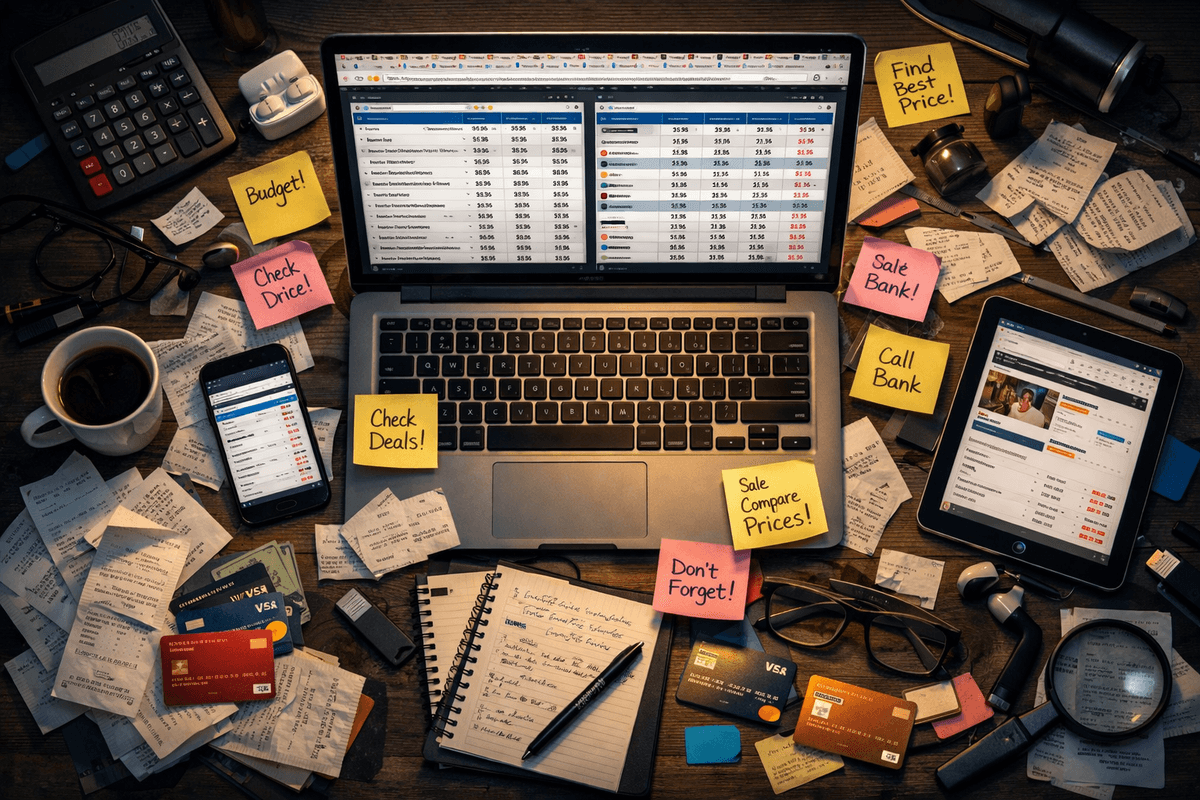 Cluttered desk with multiple devices, spreadsheets, receipts, and sticky notes showing the mental load of manual shopping