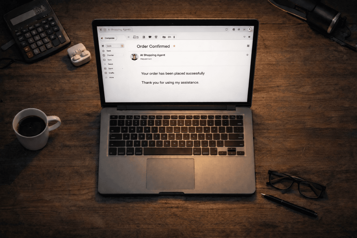 Clean desk with single laptop showing Order Confirmed from AI Shopping Agent